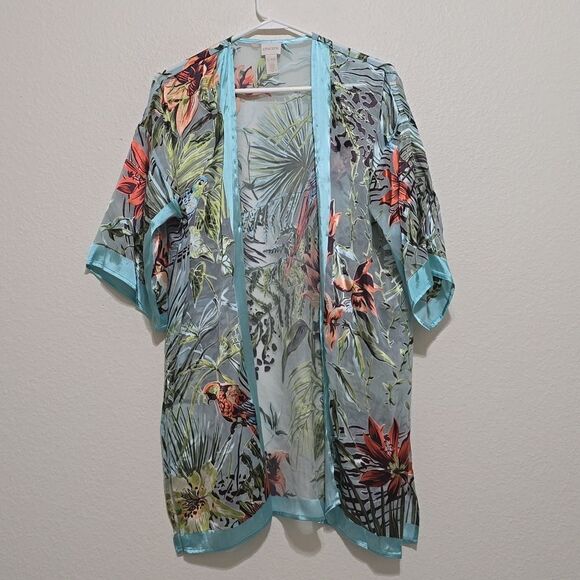 Chico’s Paradise Escape Kimono jacket 3/4 sleeve nylon silk tropical S M - Picture 1 of 10